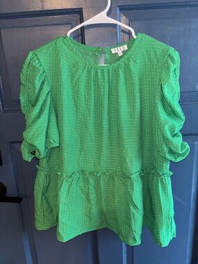 TCEC Bright Green Peplum Puff Sleeve Blouse
